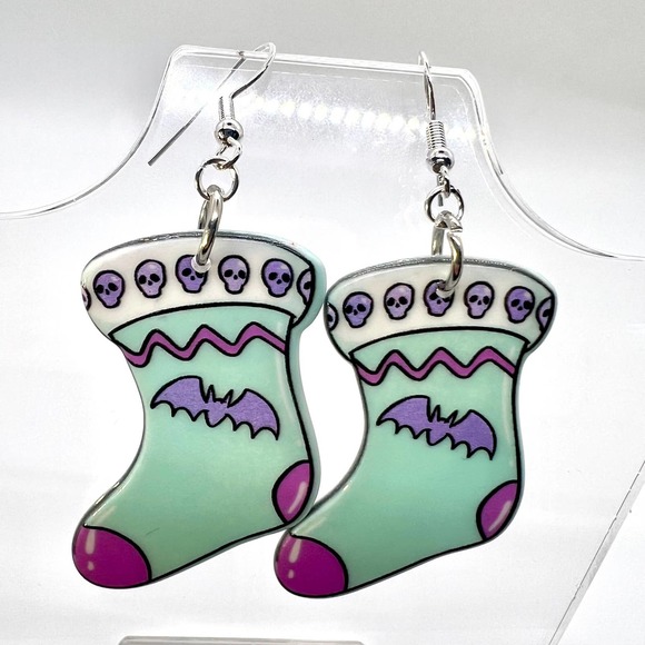 Handmade Jewelry - Christmas Earrings - Pastel Blue Halloween Themed Christmas Stocking Earrings